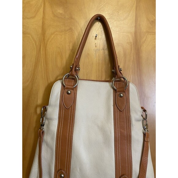 Cream and Brown  Genuine Leather Tote Shoulder Purse Bag - Picture 15 of 16